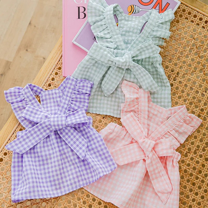 Pawfect Paws Summer Plaid Suspender Skirt Dress - Chic Pink Bow for Small Breeds like Chihuahua & Yorkie
