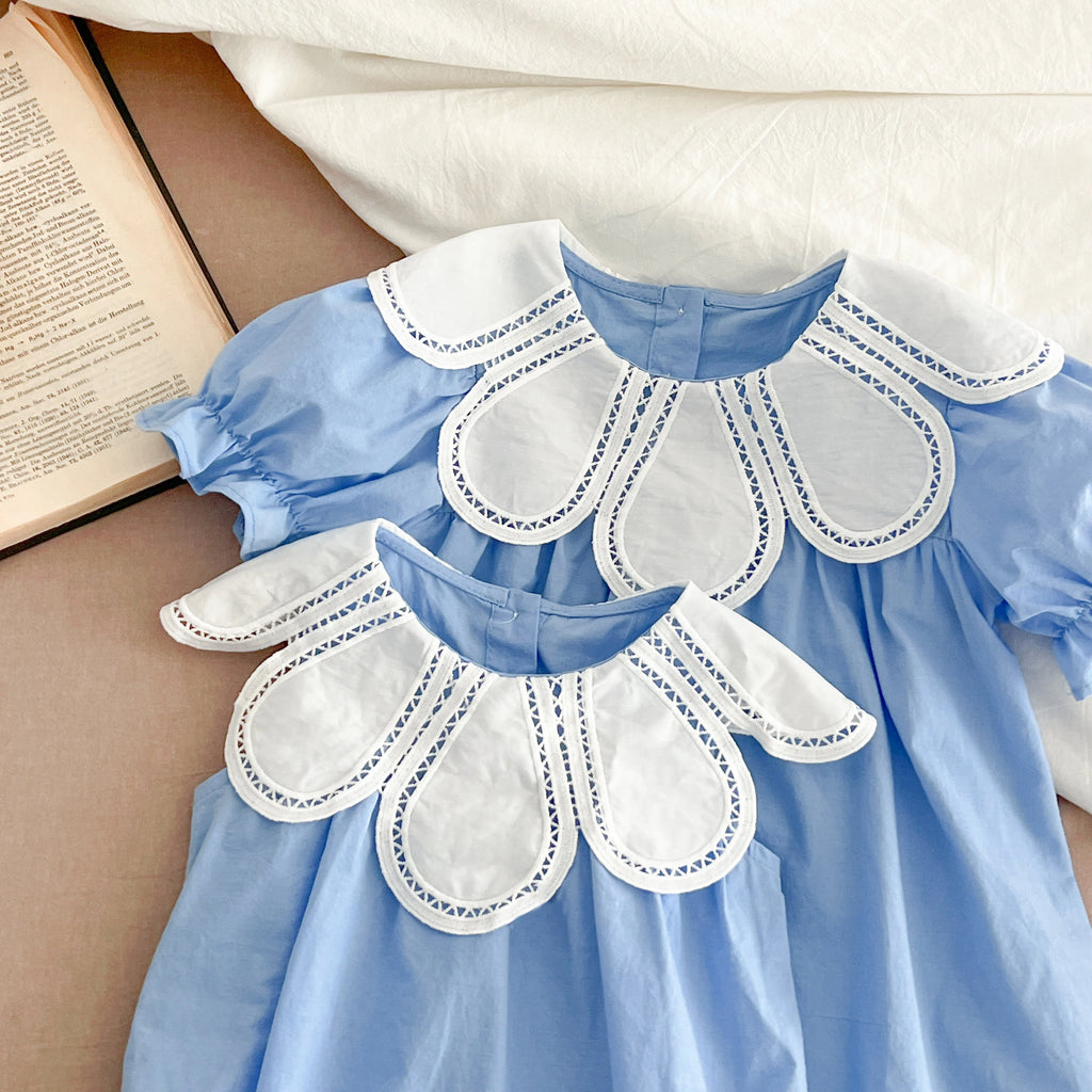 Sisters Dress Summer Kids Princess Dresses Short Sleeved Cotton Solid Color Splicing Infant Baby Romper Baby Girl Party Dress