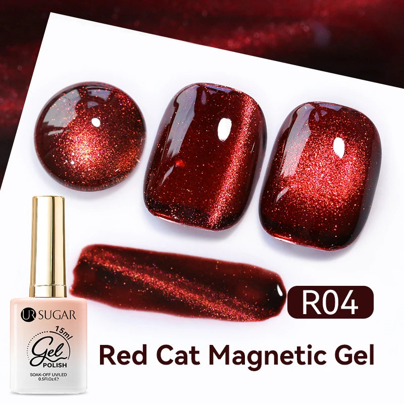 UR SUGAR 15ml  Autumn Winter Red Cat Magnetic Gel Nail Polish White Dopamine Nail Sparkling Glitter Soak Off UV LED for Manicure