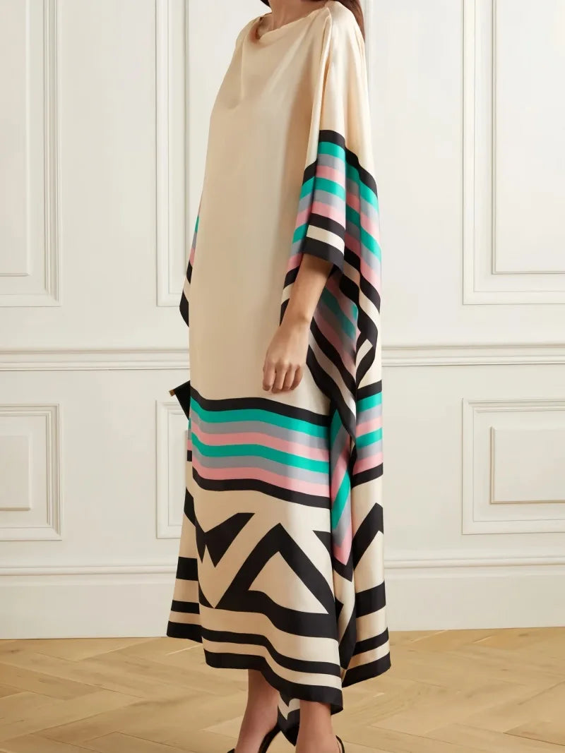 Retro Striped Print Patchwork Irregular Dress Women Spring Batwing Sleeve Loose Long Dress Summer Sexy Crew Neck Boho Maxi Dress
