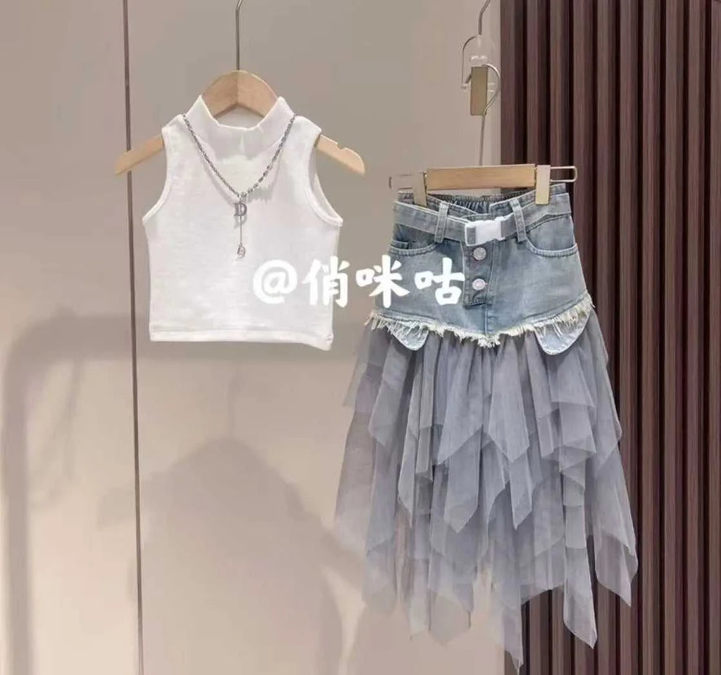 Girls' Summer New Set 2026 Korean Version Baby Girl Tank Top Mesh Splicing Cowboy Skirt Set Kids Summer Set The jack market .AU The jack market .AU Mum & Kids: Essential Products for Every Family $ 62 14:29#WHITE;200000463:200004189#110CM 4Years;200007763:201336100
