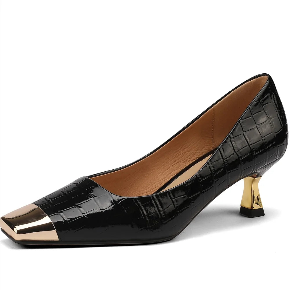 【JOCHEBED HU】Brand New Shoes Metal Square Toe Women Pumps Patchwork Genuine Leather Thin High Heels Ladies Footwear Plus 34-43