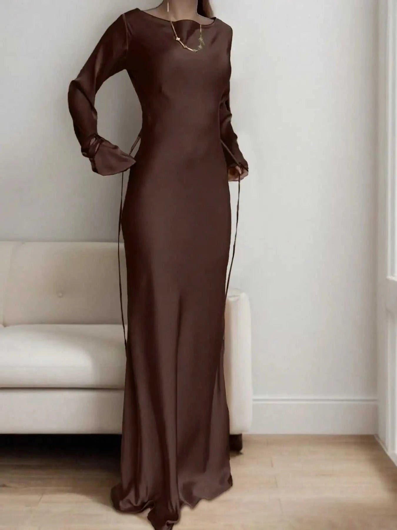 Women's Satin Maxi Dress – Corset Waist Tie, O-Neck & Flared Sleeves | Bohemian Evening Dress The jack market .AU The jack market .AU Woman Fashion Dress $ 70 14:1052;5:4182