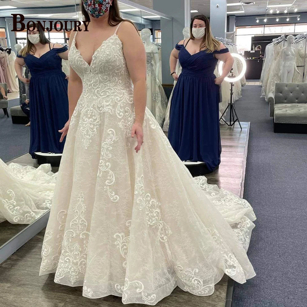 BONJOURY V-neck Satin Wedding Dress with Pockets & Chapel Train for Confident Brides