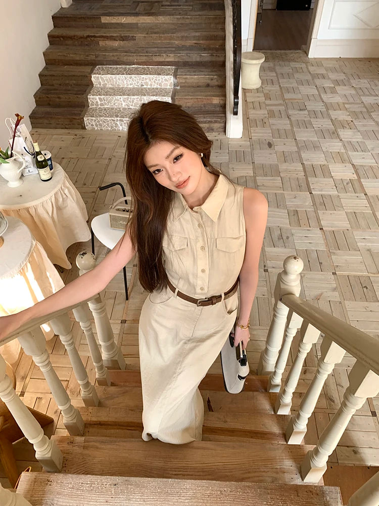 Elegant Moments Spring Summer Sleeveless Office Dress - Chic Turn-down Collar for Effortless Style at Evening Parties
