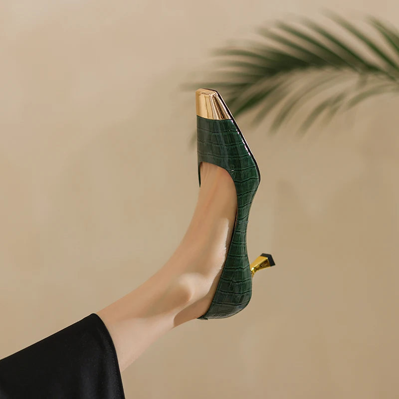 【JOCHEBED HU】Brand New Shoes Metal Square Toe Women Pumps Patchwork Genuine Leather Thin High Heels Ladies Footwear Plus 34-43