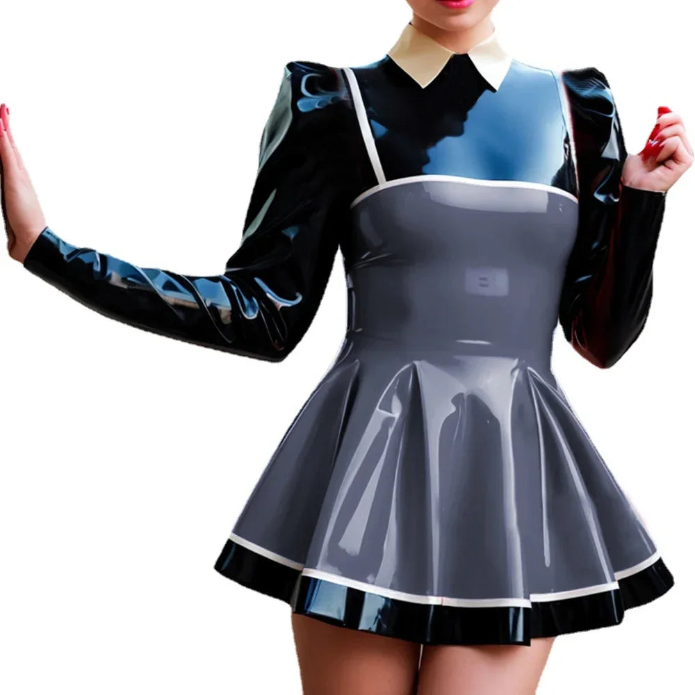 Curvy Couture Plus Size A-Line Patchwork Mini Dress - Long Puff Sleeves, PVC Leather for Night Out Style
