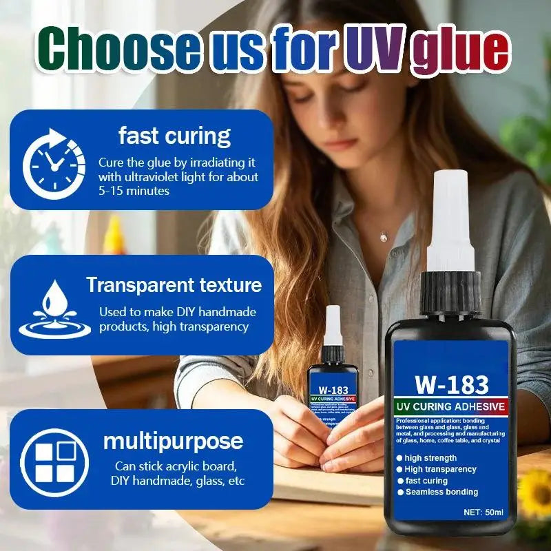 -1Pcs UV Curing Crystal Glass And Metal ABS Bonding New W-183 Strong 50ml UV Glue Curing Adhesive Welding With UV Curing Lamp