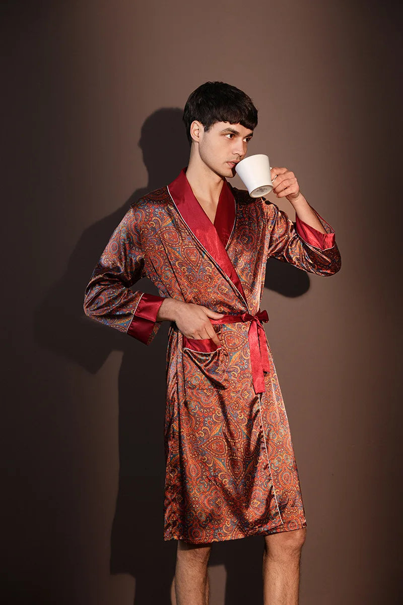 Men's Thin Bathrobe High Quality Nightrobes One-Piece Robe Male Loungewear Gents Spring and Autumn New Ice Silk Printed Pajamas