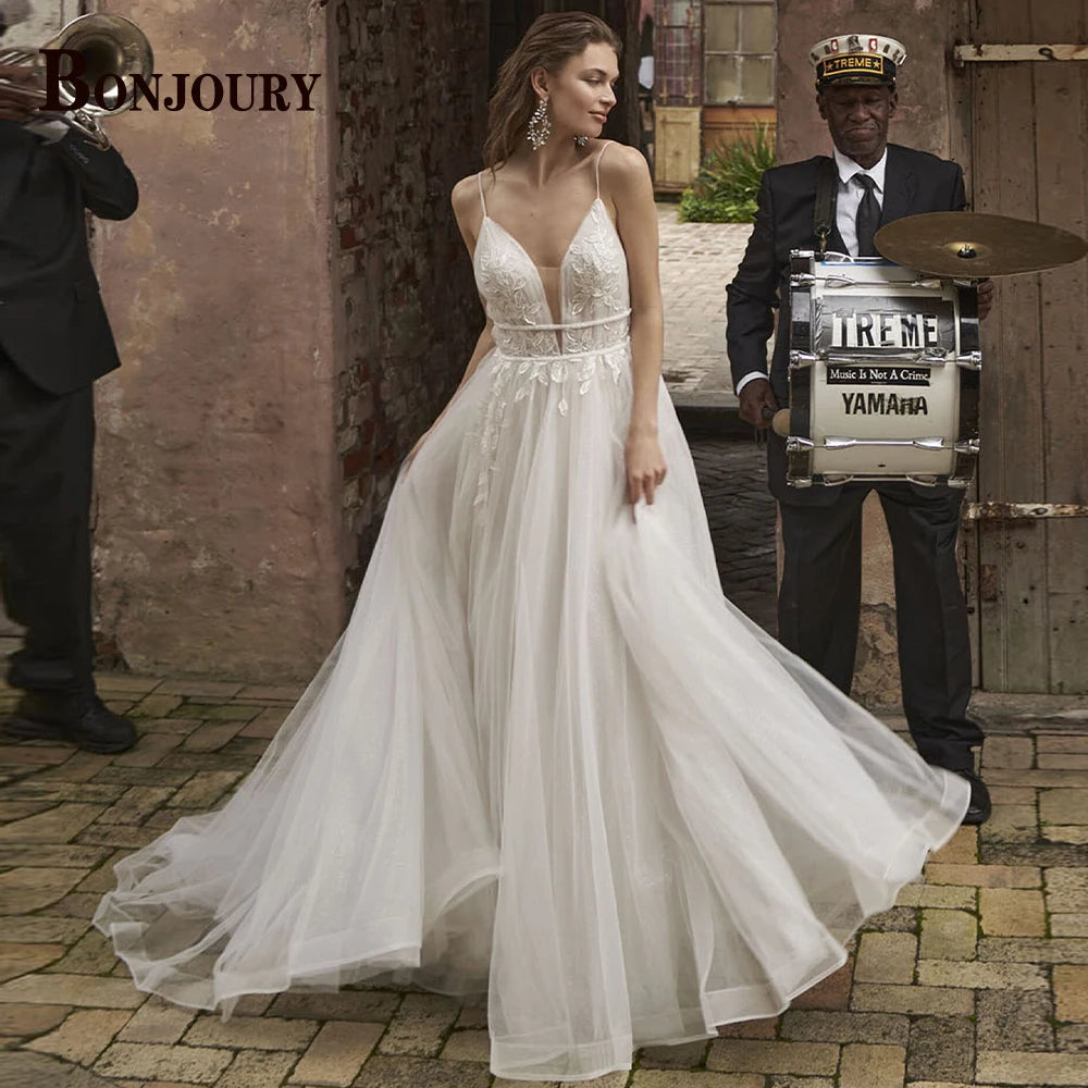 BONJOURY V-neck Satin Wedding Dress with Pockets & Chapel Train for Confident Brides