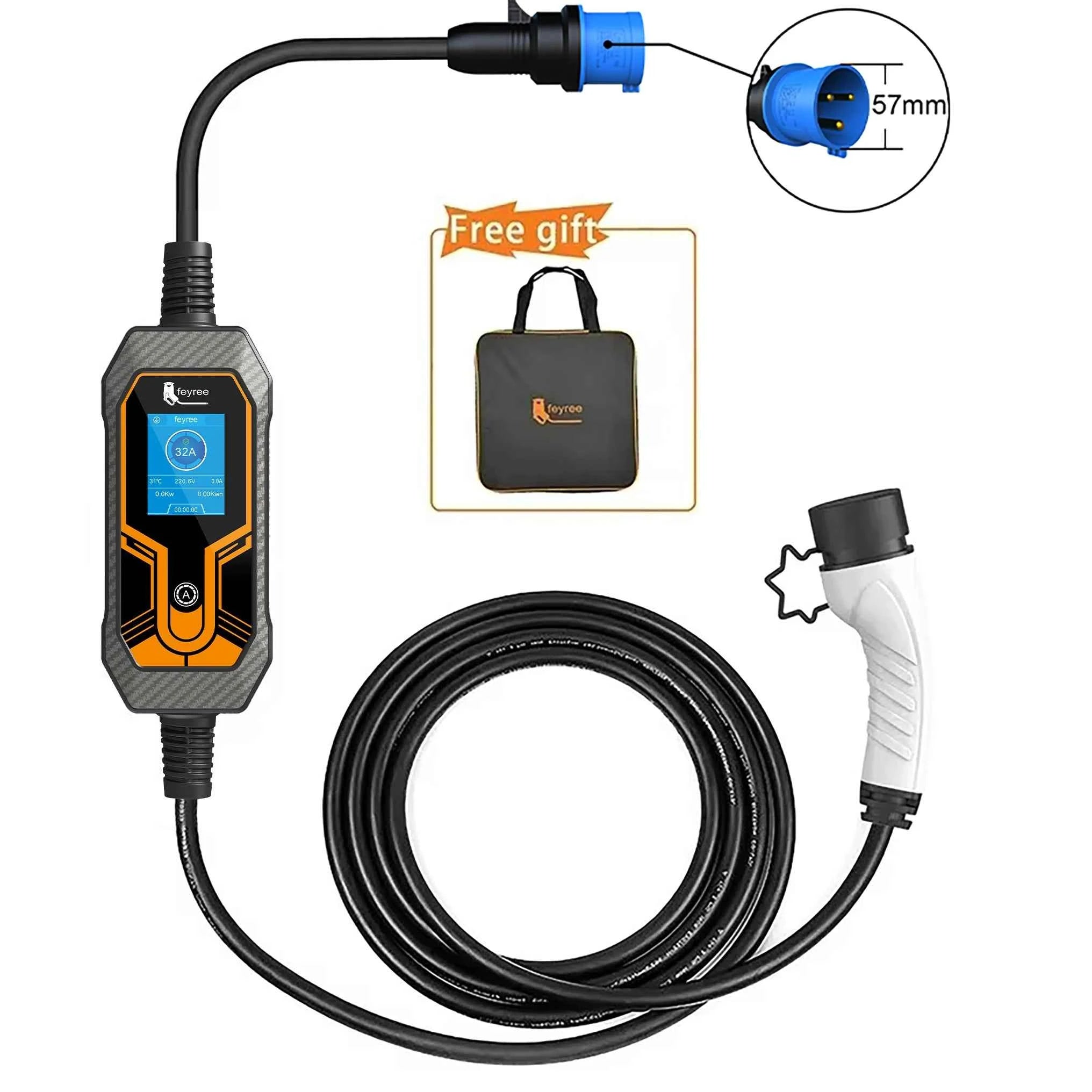 feyree 32A 7KW Type2 EV Portable Charger 11KW 16A 3 Phase 5M Cable EVSE Charging Box Car Charger CEE Plug for Electric Vehicle