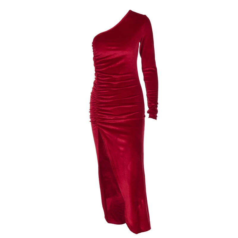 Women Elegant Long Sleeve Party Evening Velvet Bodycon Split Pencil Midi Dress 2024 Spring Autumn Clothes