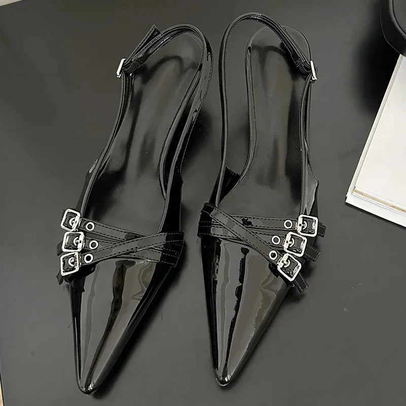 Summer New 2025 Women Sexy Party Punk Gothic Pointed High Heels PU Leather Casual Bar Striptease Ladies Sandals Beach Slippers
