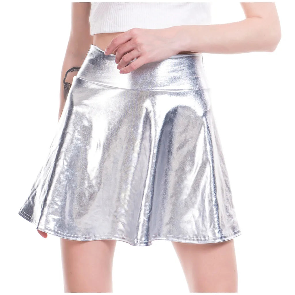 Girls' Fashion Bright High Street Casual Shiny Flared Pleated A-Line Mini Skirt Preppy Style Versatile Elastic High Waist Dress