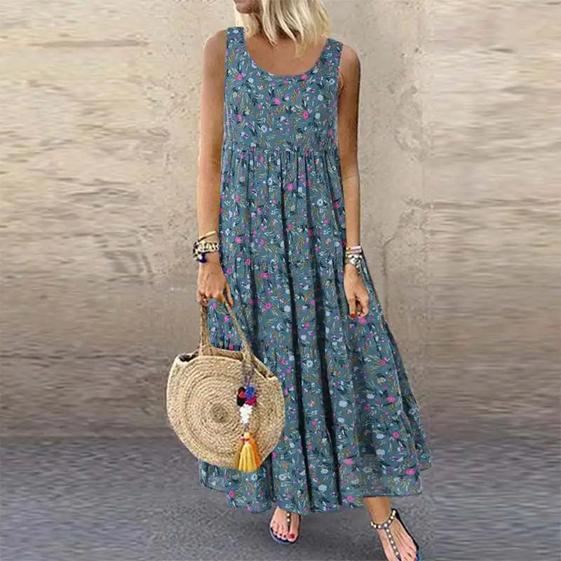 Women's Floral Boho Midi Dress – Loose Sleeveless Summer Dress