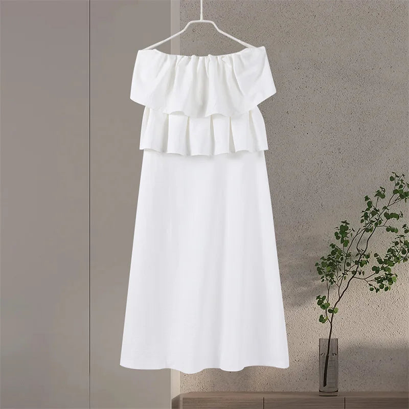 Elegant Pleated Sleeveless Long Dress Women White Slim Tube Party Dresses Female 2026 Spring New Fashion Street Maxi Robes