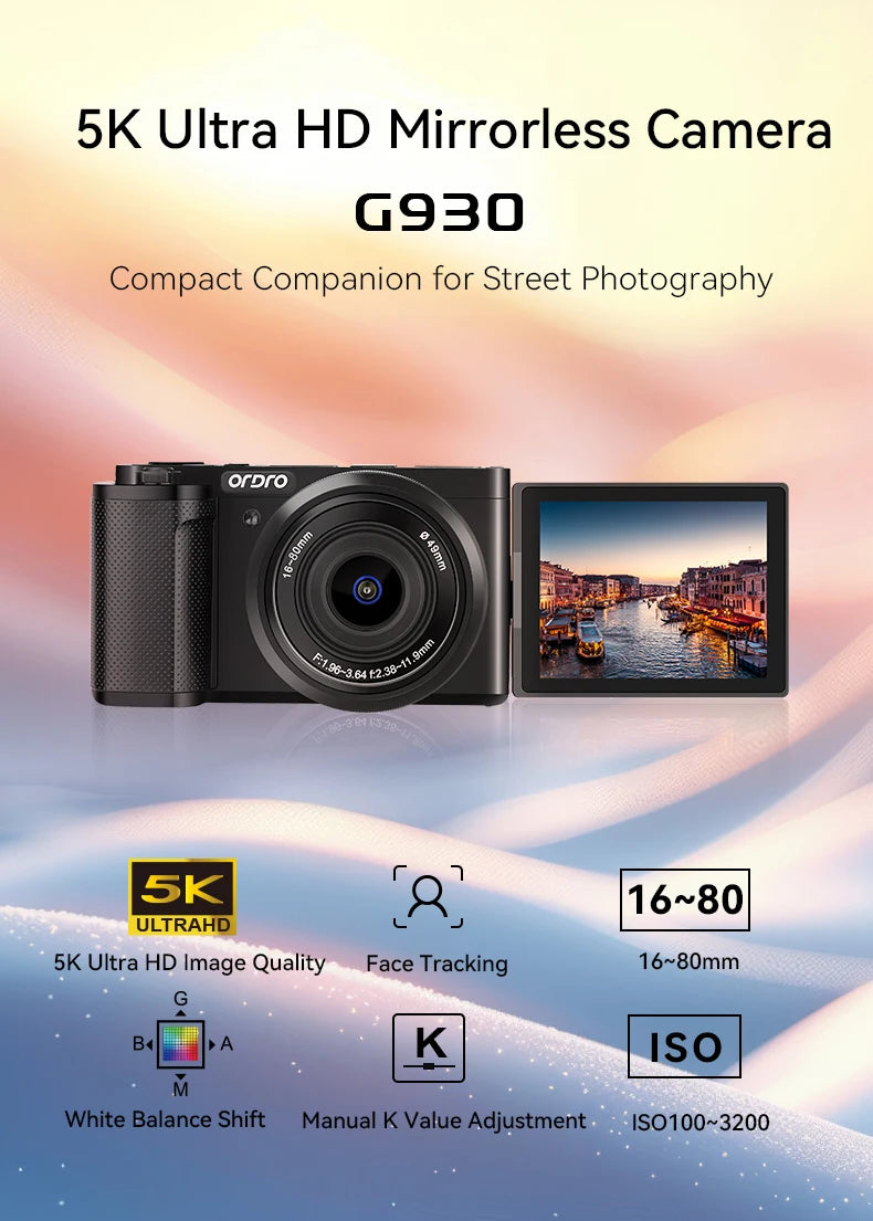 ORDRO G930 Digital Camera Compact for YouTube Vlogging Videos with Flashlight 5X Optical Zoom 4K 30FPS 60FPS Multi Filters AF MF