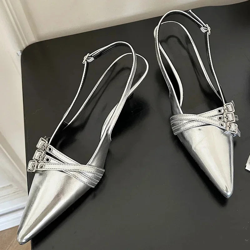 Summer New 2025 Women Sexy Party Punk Gothic Pointed High Heels PU Leather Casual Bar Striptease Ladies Sandals Beach Slippers