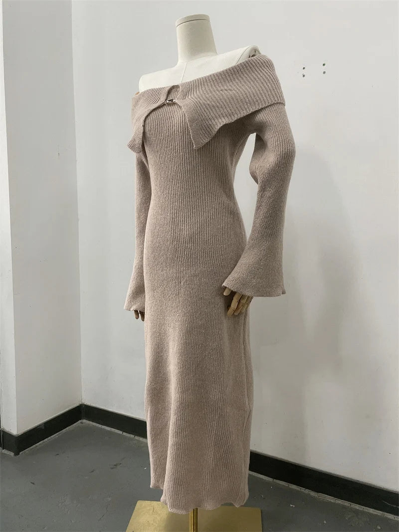 Luxury Fluffy Solid Knitted Off Shoulder Midi Dress Women 2024 Fall Winter Elegant Bodycon Flared Long Sleeve Sweater Long Dress