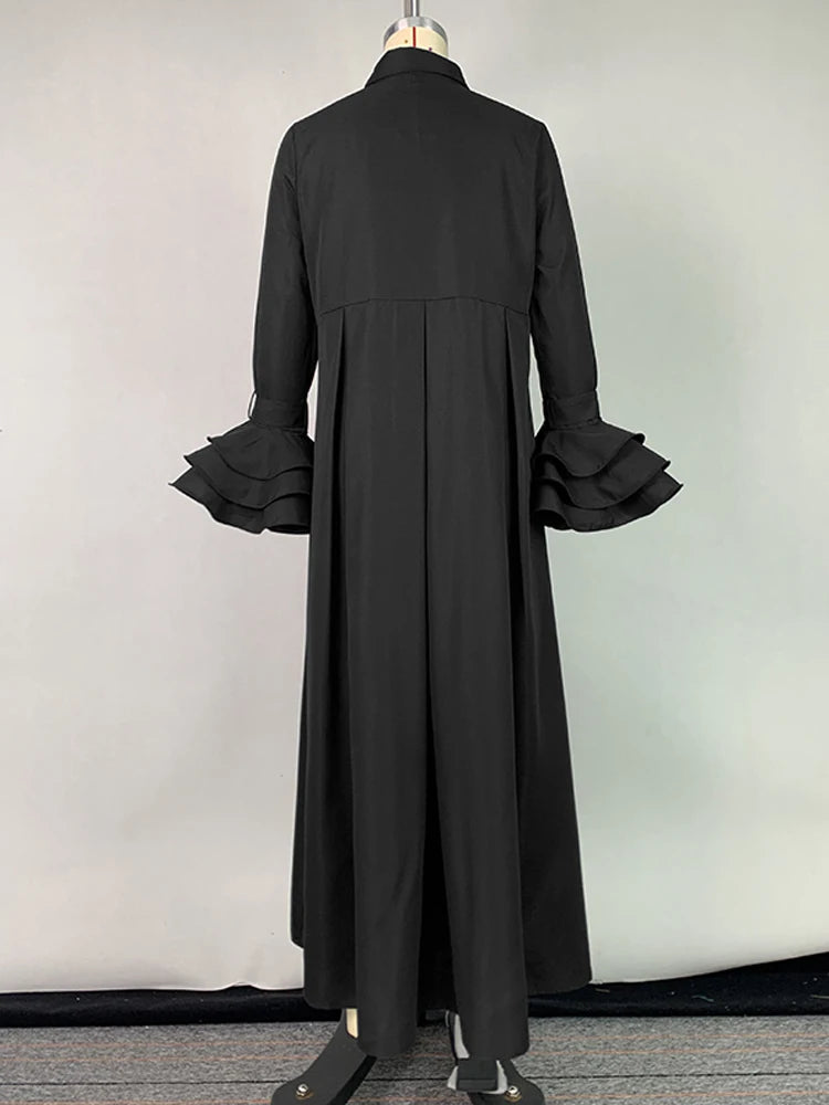 Women Elegant Church Maxi Dresses 2024 New Autumn Flared Sleeves Black White Color Pleated Lapel Evening Shirts Dress