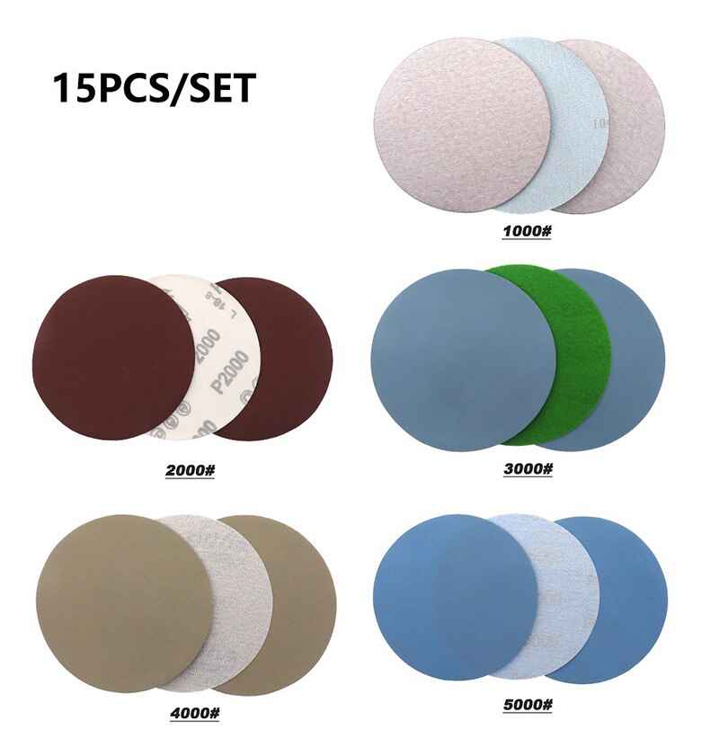 15PCS 125mm Inches Grit 1000 2000 3000 4000 5000 Sanding Discs Hook Loop Sandpaper Round Disk