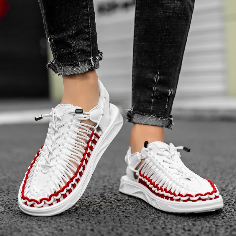 2023 Summer Men's  Sandals Lace Up Hand Woven Sandals Thick Soled Soft Non Slip Casual Shoes High Quality Couple Beach Shoes