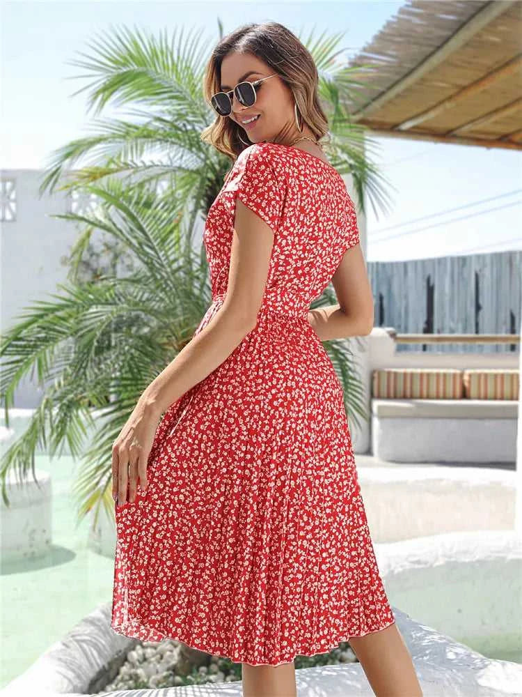 Msfilia Summer Print Pleated A Line Long Dress Women Short Sleeve High Waist Spring Round Neck Chic Dress with Belt The jack market .AU The jack market .AU Woman Fashion $ 88 14:200004870#Flower NavyBlue;5:100014065