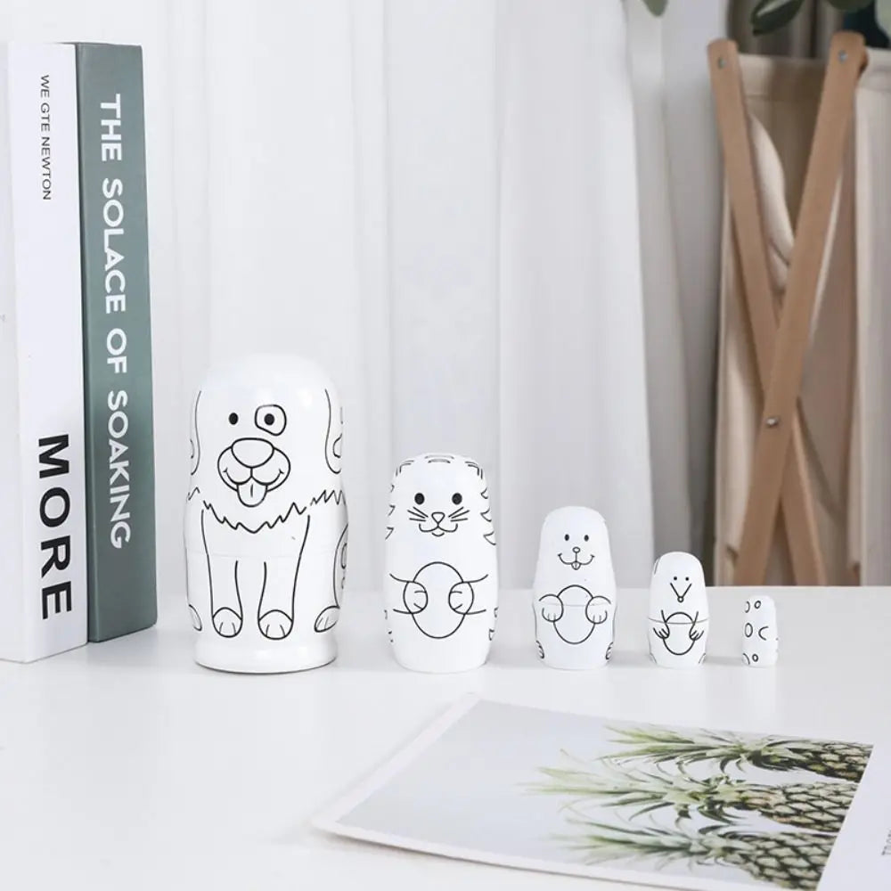 Rabbit 5Pcs/Set Animal Matryoshka Doll Wood Smooth Wooden Stacking Dolls Line Dog Panda Girls Russian Doll Christmas