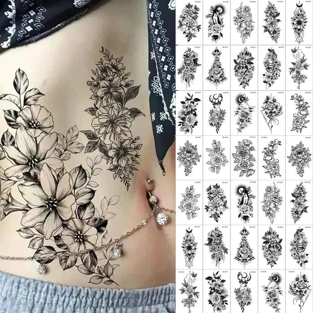 35pcs Realistic Peony Rose Temporary Tattoo Deer Crescent Floral Body Art Waterproof Stickers Lasting Arm Leg Hand Neck Tattoos*
