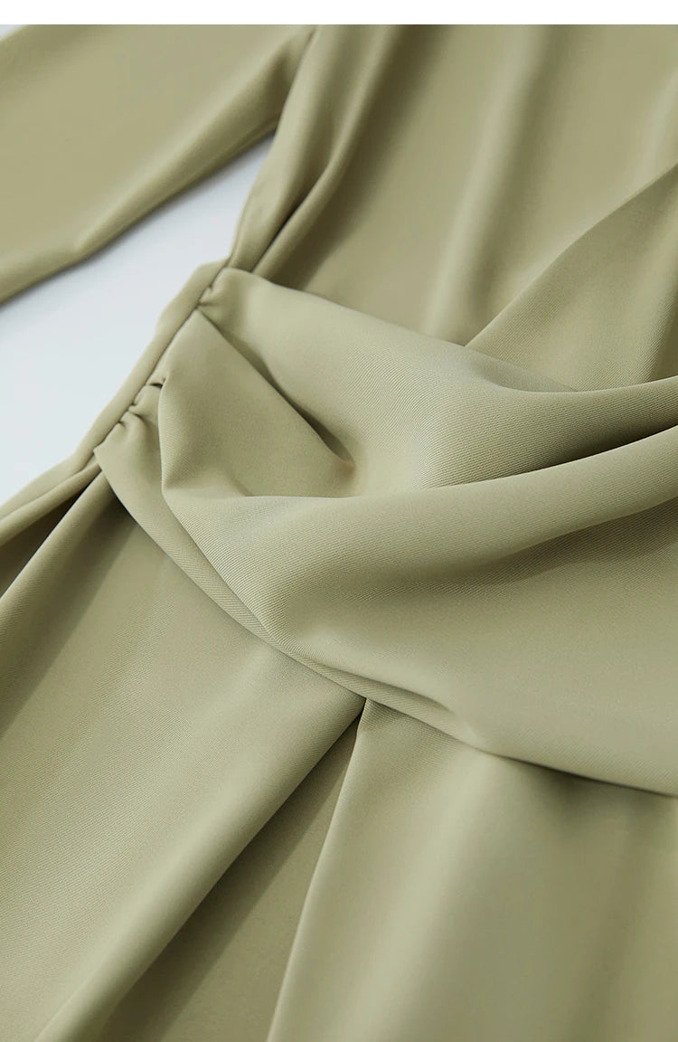AMII Minimalist Dress Women 2025 Autumn New Elegant Office Lady Lapel V-neck Slim Non-stretch Pleated Knee A-Line Dress 12521027