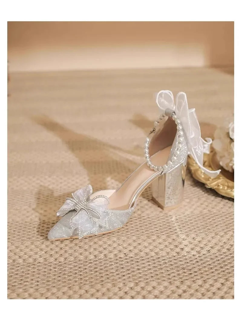 High Heels 2025 New Pearl Bow Silver Hollow Sandals Graduation Wedding Dress Big Size Bride Shoes