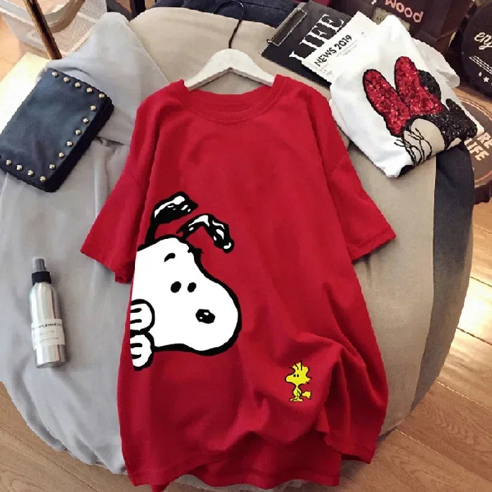 new Snoopy women's loose large version top summer short-sleeved t-shirt women's cotton mid-length cartoon women