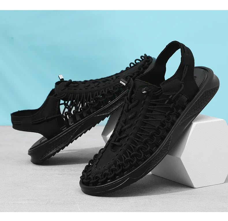2023 Summer Men's  Sandals Lace Up Hand Woven Sandals Thick Soled Soft Non Slip Casual Shoes High Quality Couple Beach Shoes