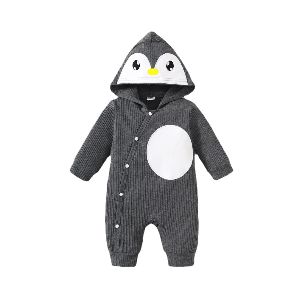 0-6 Months Baby Boy Cute Penguin Hooded with White Small Circle Single-Breasted Bodysuit Dark Grey Long-sleeved Romper Pajamas