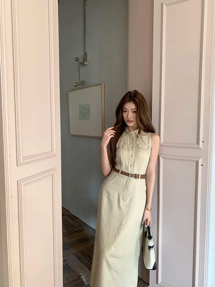 Elegant Moments Spring Summer Sleeveless Office Dress - Chic Turn-down Collar for Effortless Style at Evening Parties