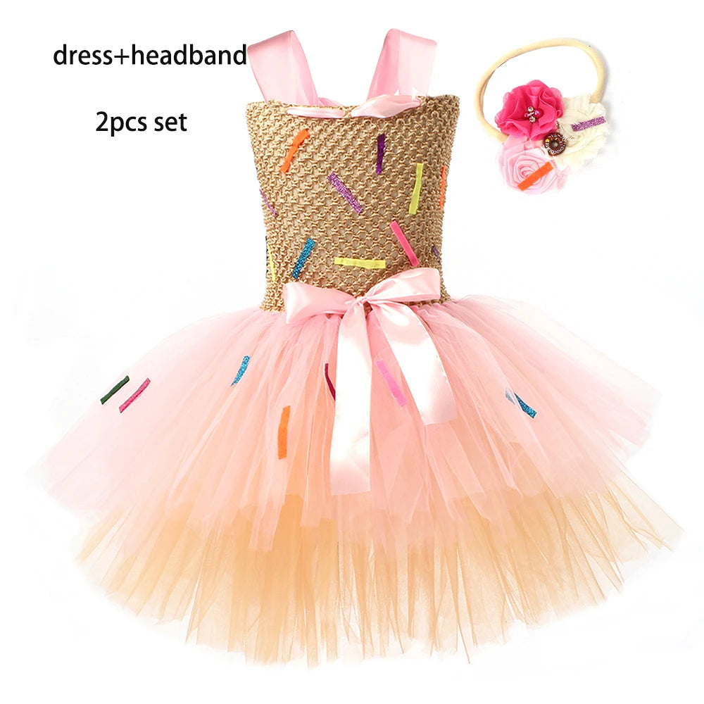 Girls Candy Donuts Tutu Dress with Headband Baby Kids Birthday Party Happy Purim Fancy Costumes Photoshoot Tulle Dresses