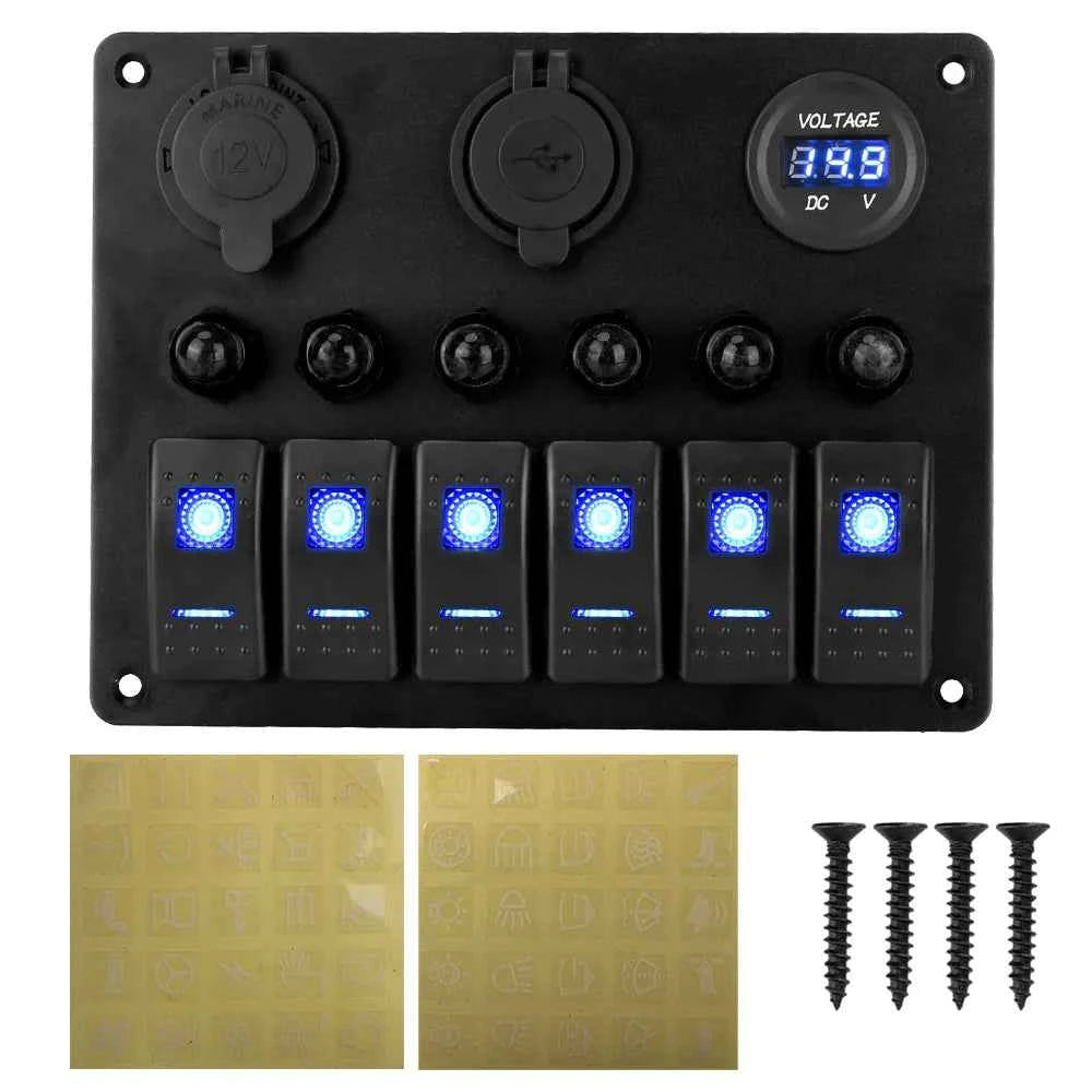 12V 24V 6 Buttons Car Switch Panel 15A Fuse Marine Circuit Breaker Voltmeter Tester Light Toggle USB Chargers 3.0 Auto Splitter