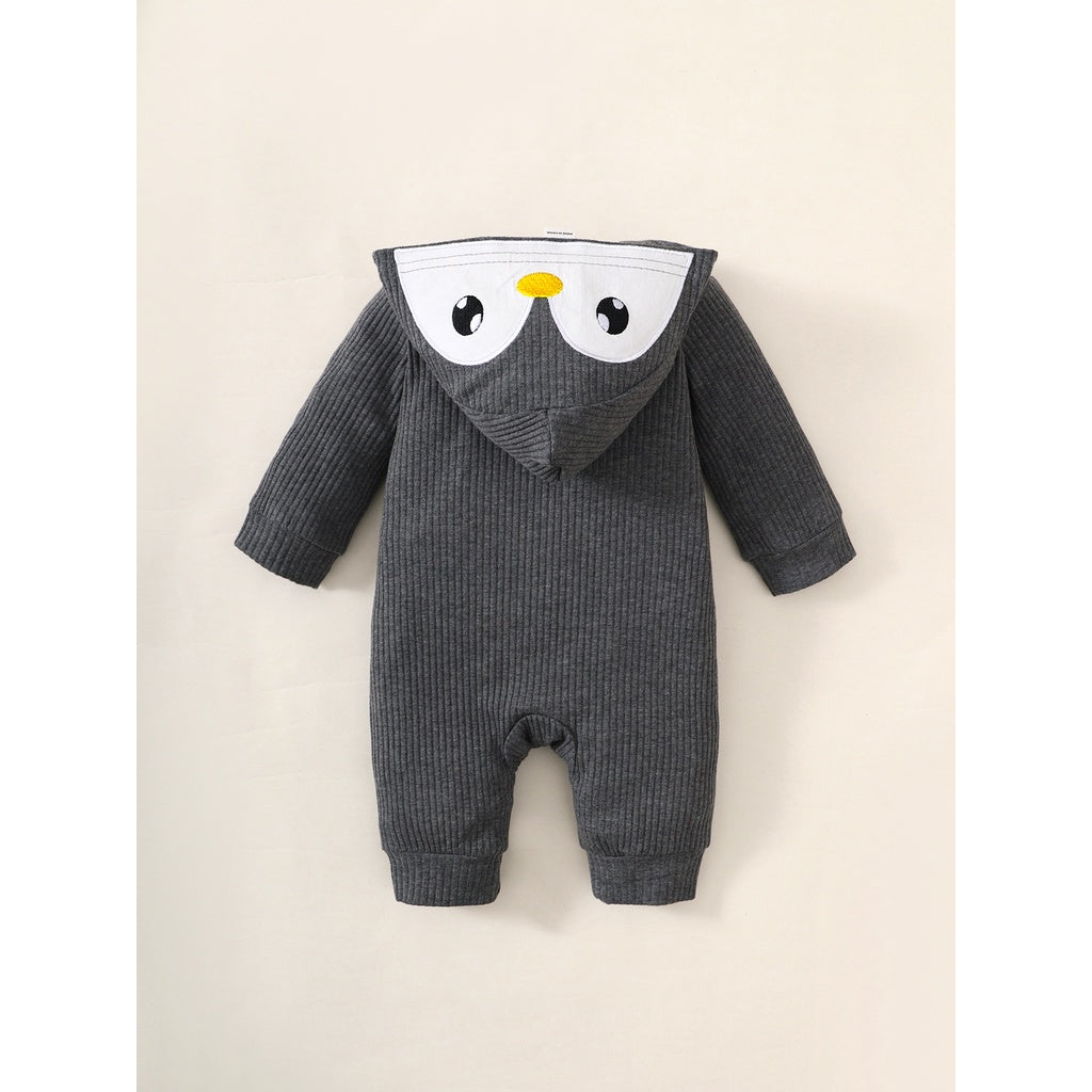 0-6 Months Baby Boy Cute Penguin Hooded with White Small Circle Single-Breasted Bodysuit Dark Grey Long-sleeved Romper Pajamas