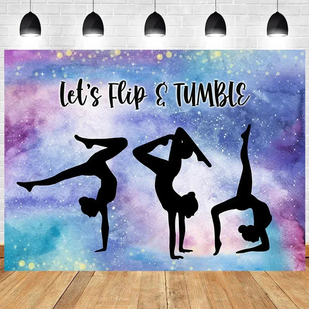 Let's Flip Athlete Gymnast Gymnastic Theme Jump Tumble Play Gymnast Rhythmic Gymnastic Girl Birthday Party Baby shower Backdrop