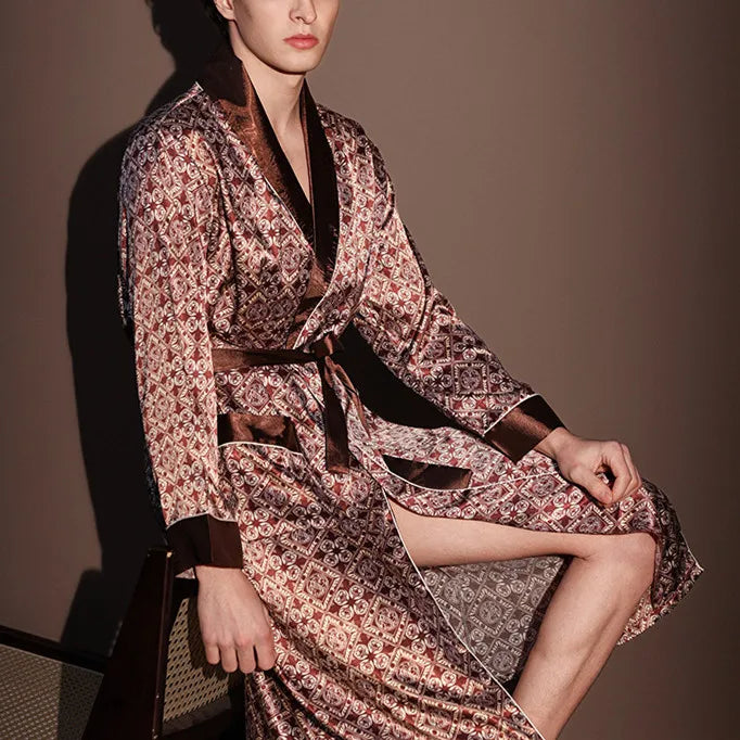 Men's Thin Bathrobe High Quality Nightrobes One-Piece Robe Male Loungewear Gents Spring and Autumn New Ice Silk Printed Pajamas