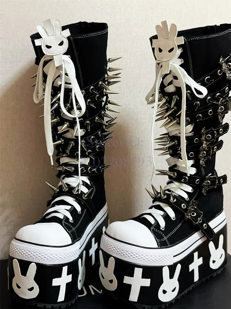 Cross Rivet Knee-high Boots Punk Round Toe y2k Platform Devil Angel Canvas Shoes Lace-up Women's Motorcycle Boots 2025 Halloween