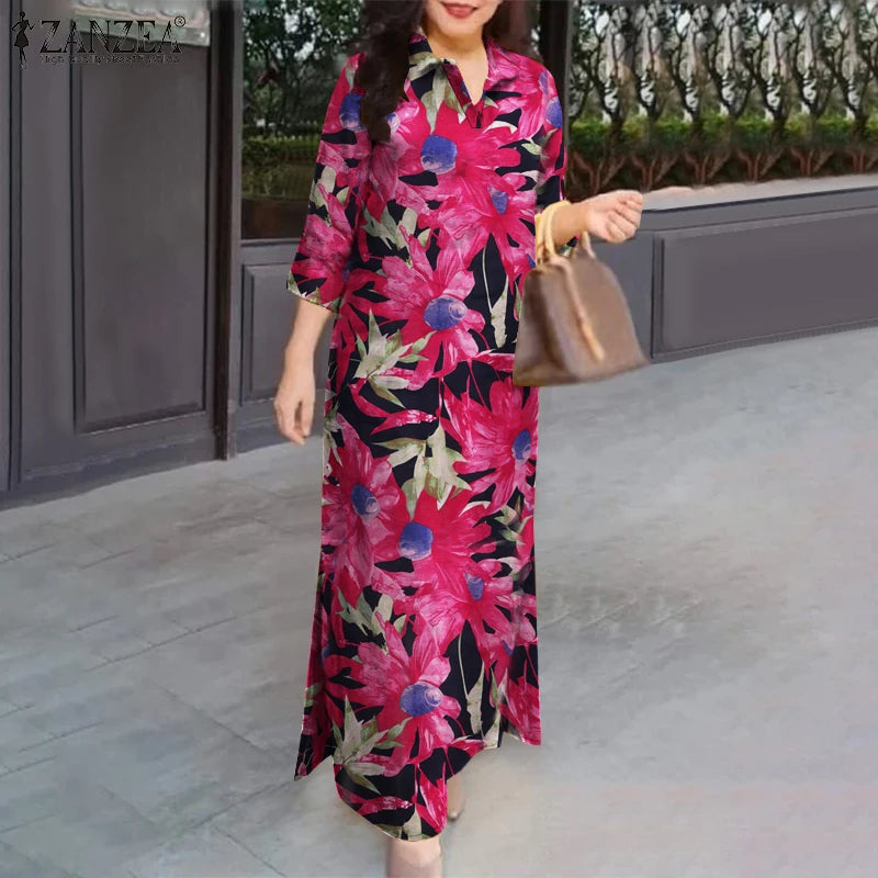 ZANZEA Floral Print Maxi Dress with Slit Hem & 3/4 Sleeves - Effortless Chic for 2024 Commute