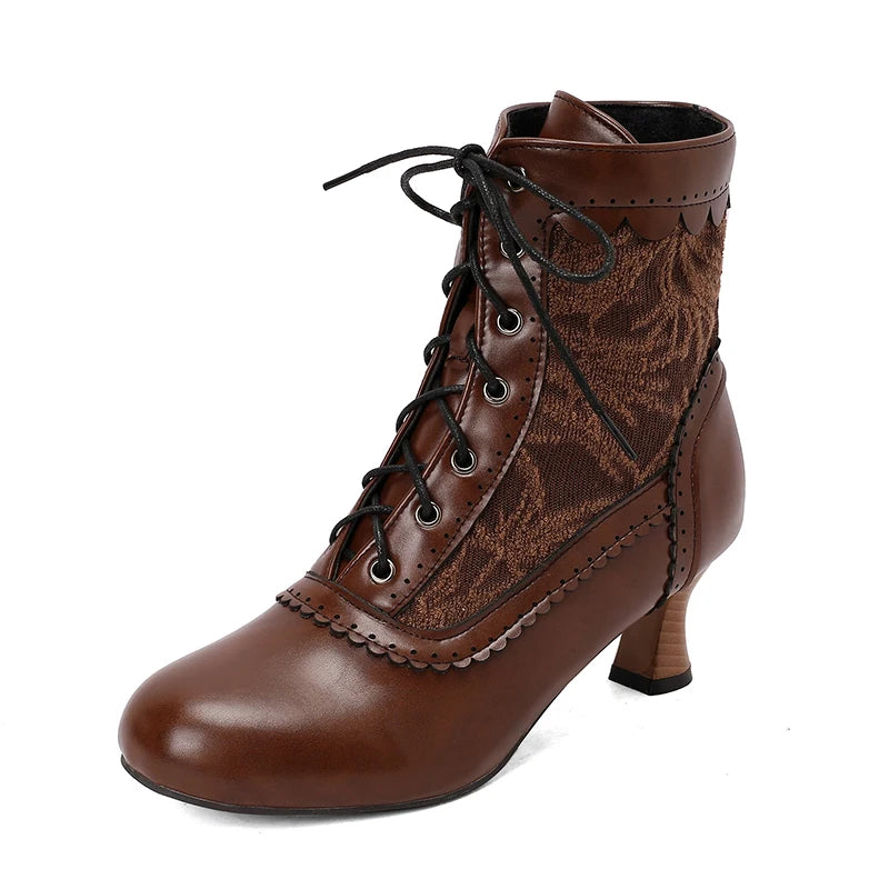 2025 New Lace Up Ladies High Heel Shoes Strange Steampunk Boot Victorian Ankle Boots Women Pointed Toe Thick Soled Short Boots