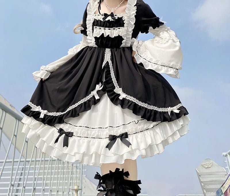 Contrast Color Japanese Dress Women Ruffled Patchwork High Waist Fairy Robe Y2k Aesthetic Ladies Sweet Dresses Vestido De Mujer