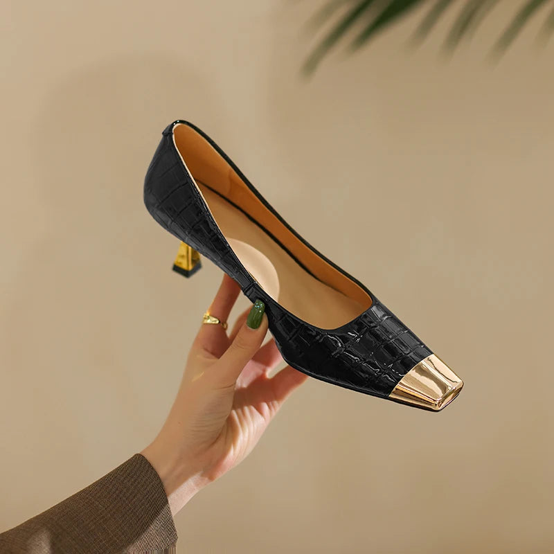【JOCHEBED HU】Brand New Shoes Metal Square Toe Women Pumps Patchwork Genuine Leather Thin High Heels Ladies Footwear Plus 34-43