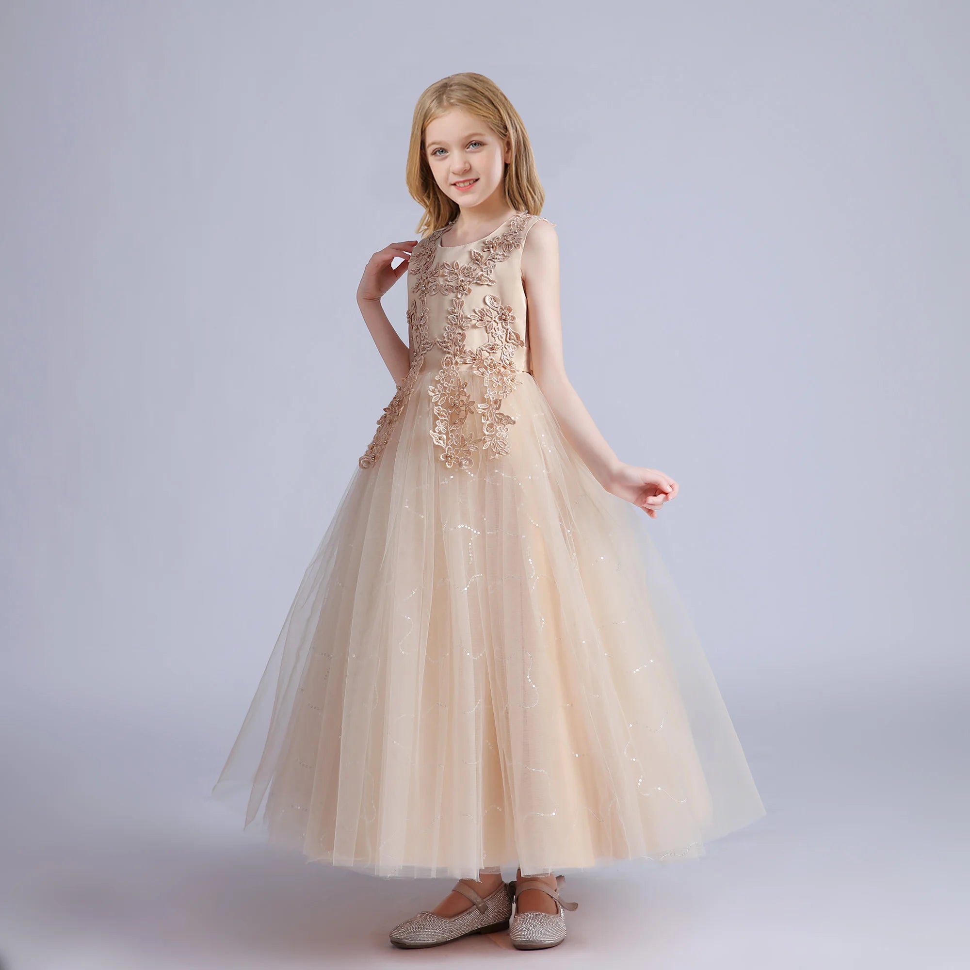 Fashion Flower Bridesmaid Girls Dress Elegant Bow Wedding Evening Princess Birthday Party Dress Graduation Baptism Kids Clothing