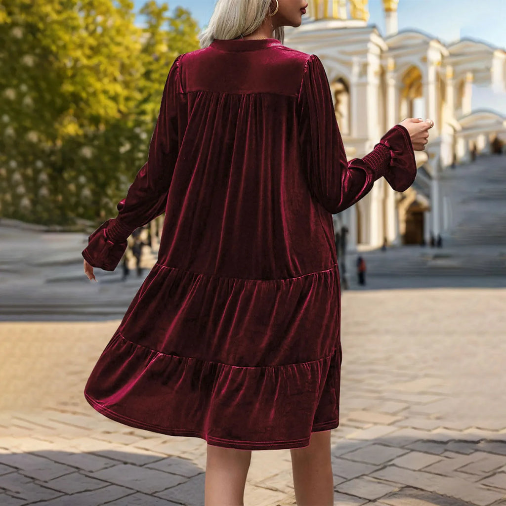 Elegant Vogue Velvet Midi Dress - Long Sleeve V-Neck, High Waist, Chic Style for Evening Parties & Christmas Celebrations
