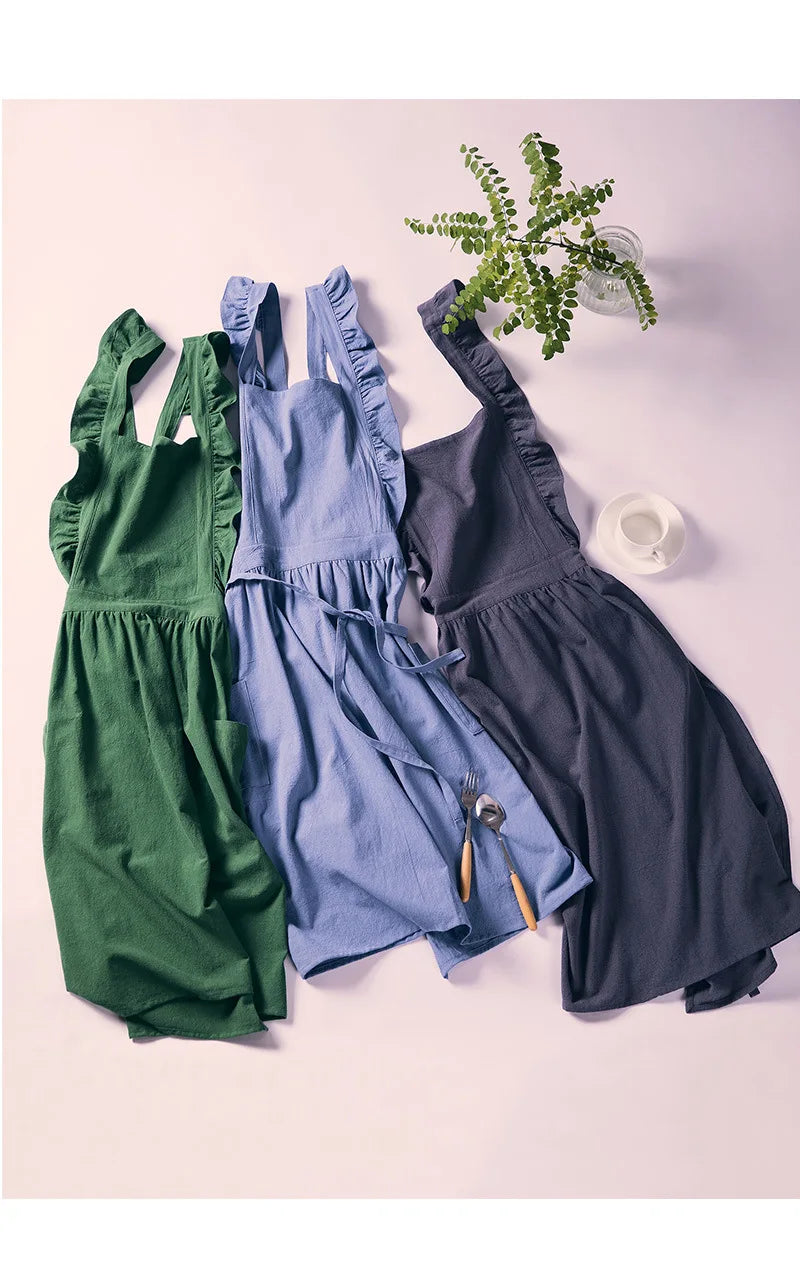 Cross Back Apron Kitchen Apron Ruffled with Pockets for Chef Gardening Pink Work Women with Big Pinafore Dress Cooking Baking