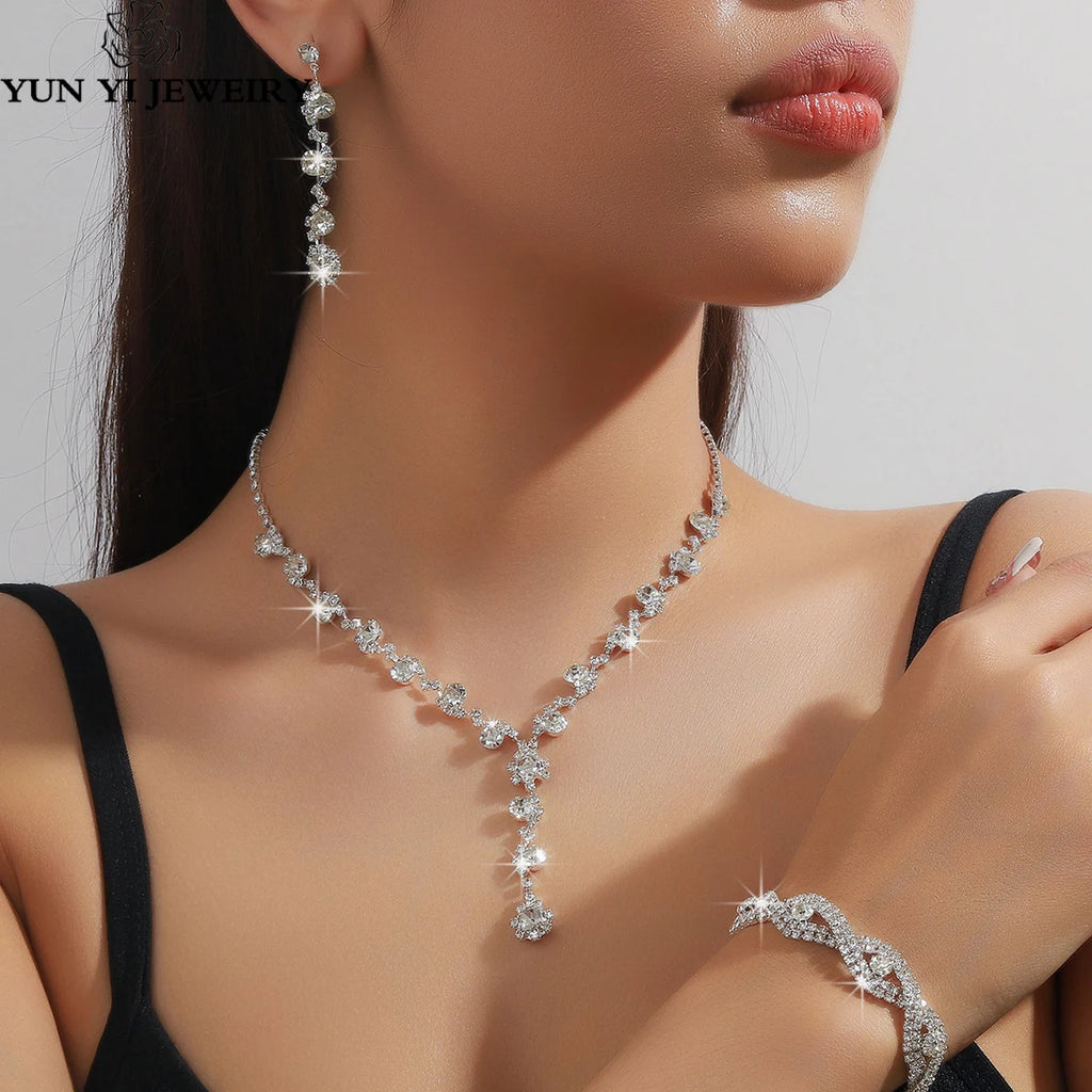 4 pcs bridal jewelry set, rhinestone pearl necklace, earrings, bracelets, dinner dress accessories