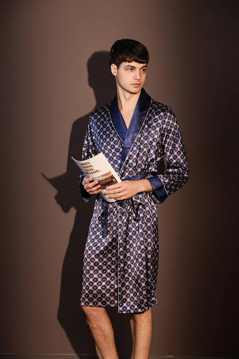 Men's Thin Bathrobe High Quality Nightrobes One-Piece Robe Male Loungewear Gents Spring and Autumn New Ice Silk Printed Pajamas